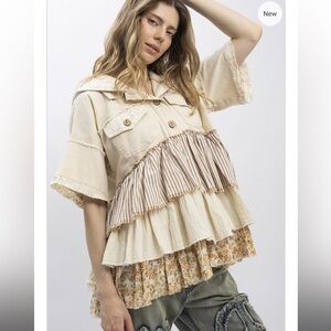 OH585–Oli&HALI (Denim) (Tan pre order 8/25) TIERED HOODED SHORT SLEEVE JACKETS